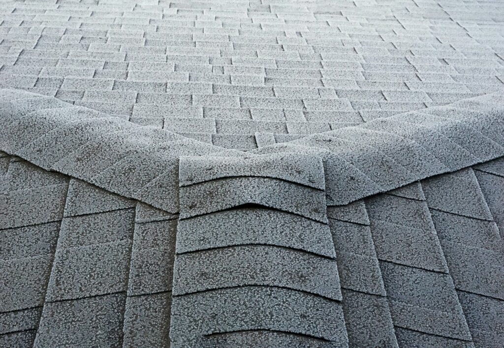 Frost on roof shingles.